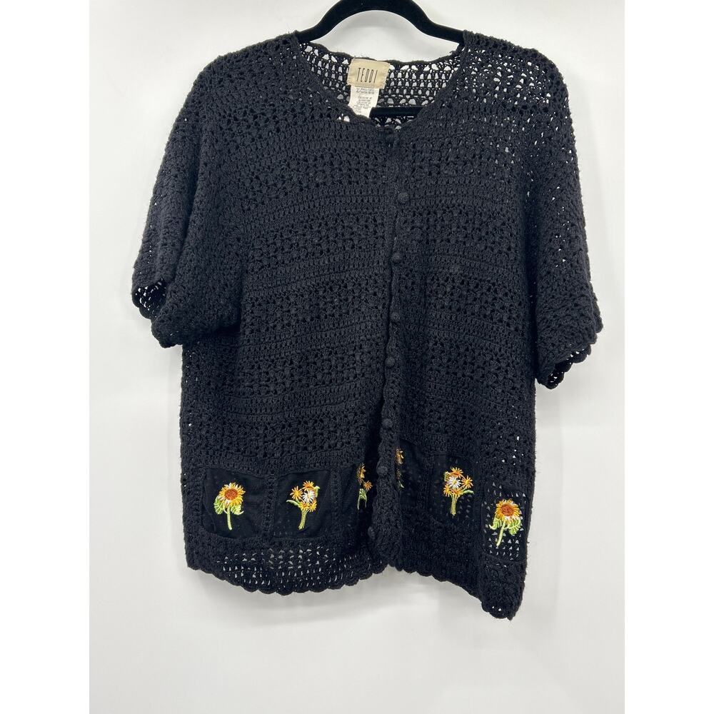 Teddi Black Crochet Cardigan 1X Floral Embroidered Ramie Boho Sunflower
